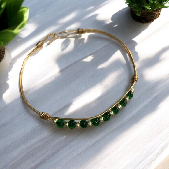 Gold Wire Bangle Bracelet With Green & Gold Beads Adjustable Boho Tribal - Picture 1 of 4